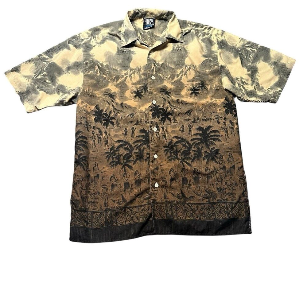Urban Edge Hawaiian Shirt Mens M Beige Black Scenic Print Polyester Aloha Casual